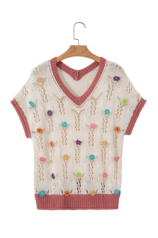 Delicacy Flowers Colorblock Edge Hollow Crochet Knit Top