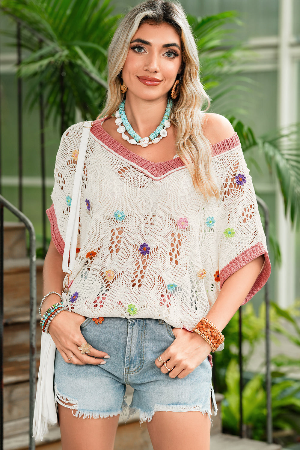 Delicacy Flowers Colorblock Edge Hollow Crochet Knit Top