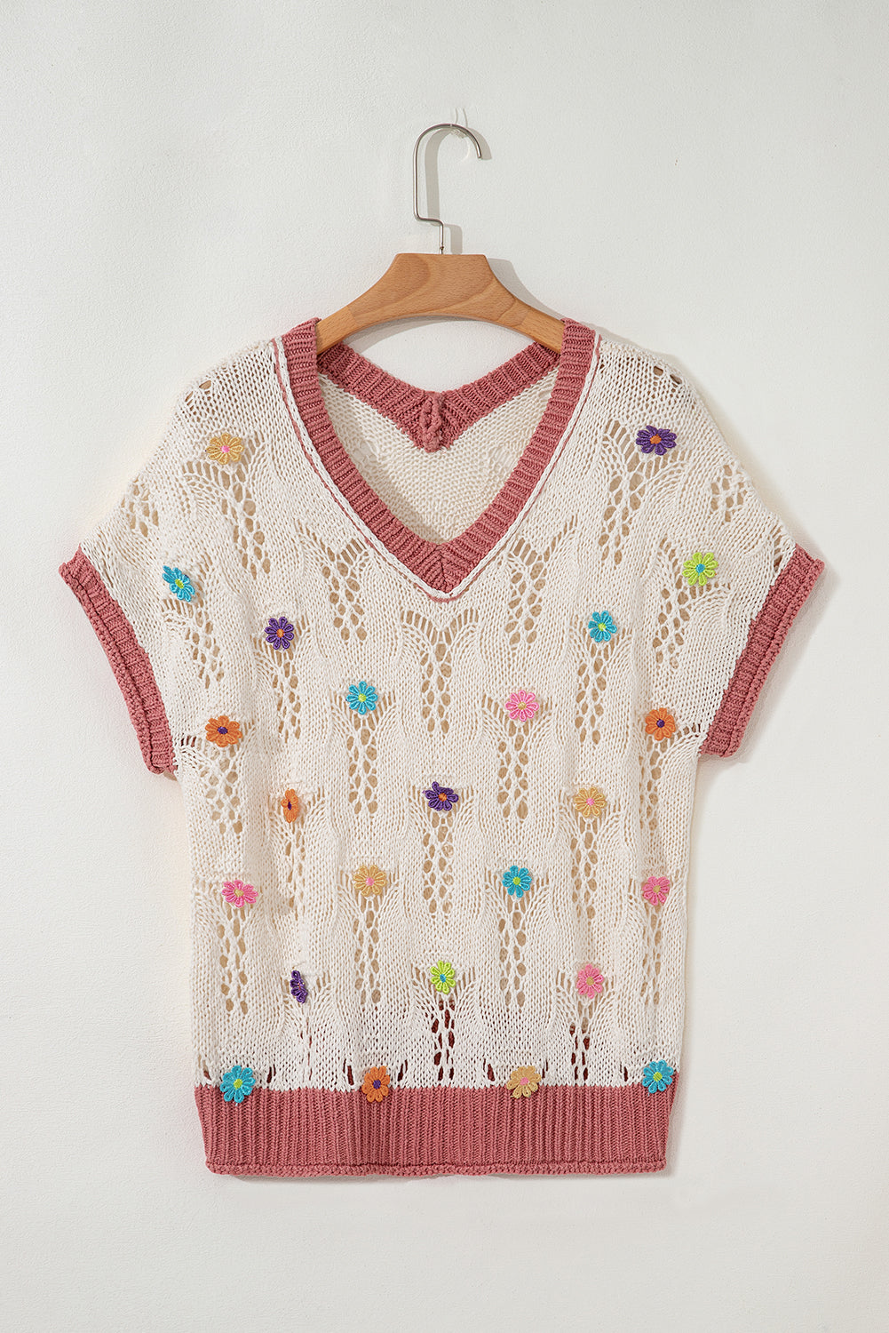 Delicacy Flowers Colorblock Edge Hollow Crochet Knit Top