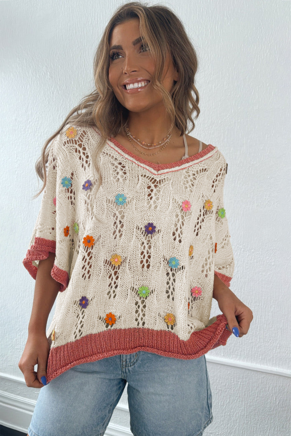 Delicacy Flowers Colorblock Edge Hollow Crochet Knit Top