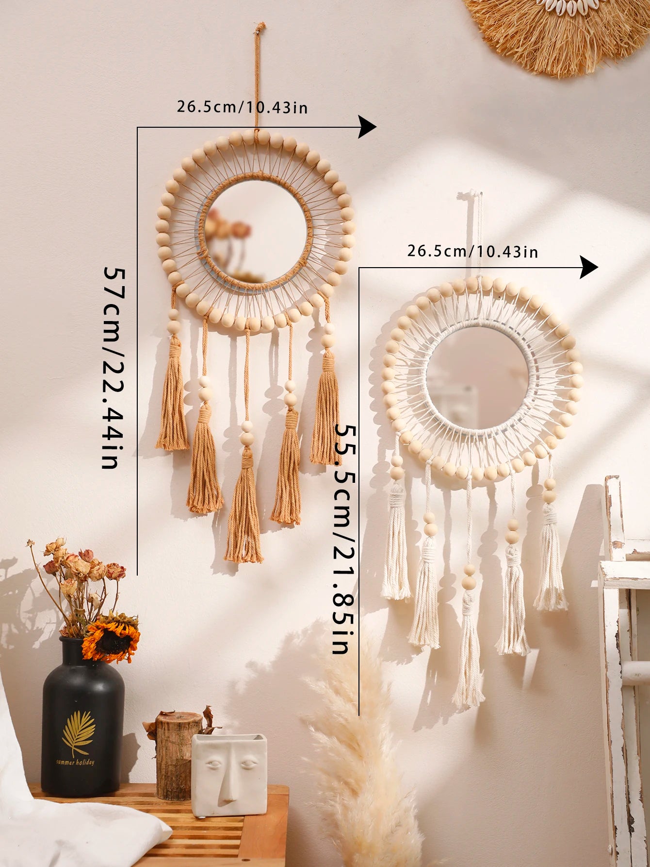 Radhita Macrame Wooden Beads Decorative Mirrors