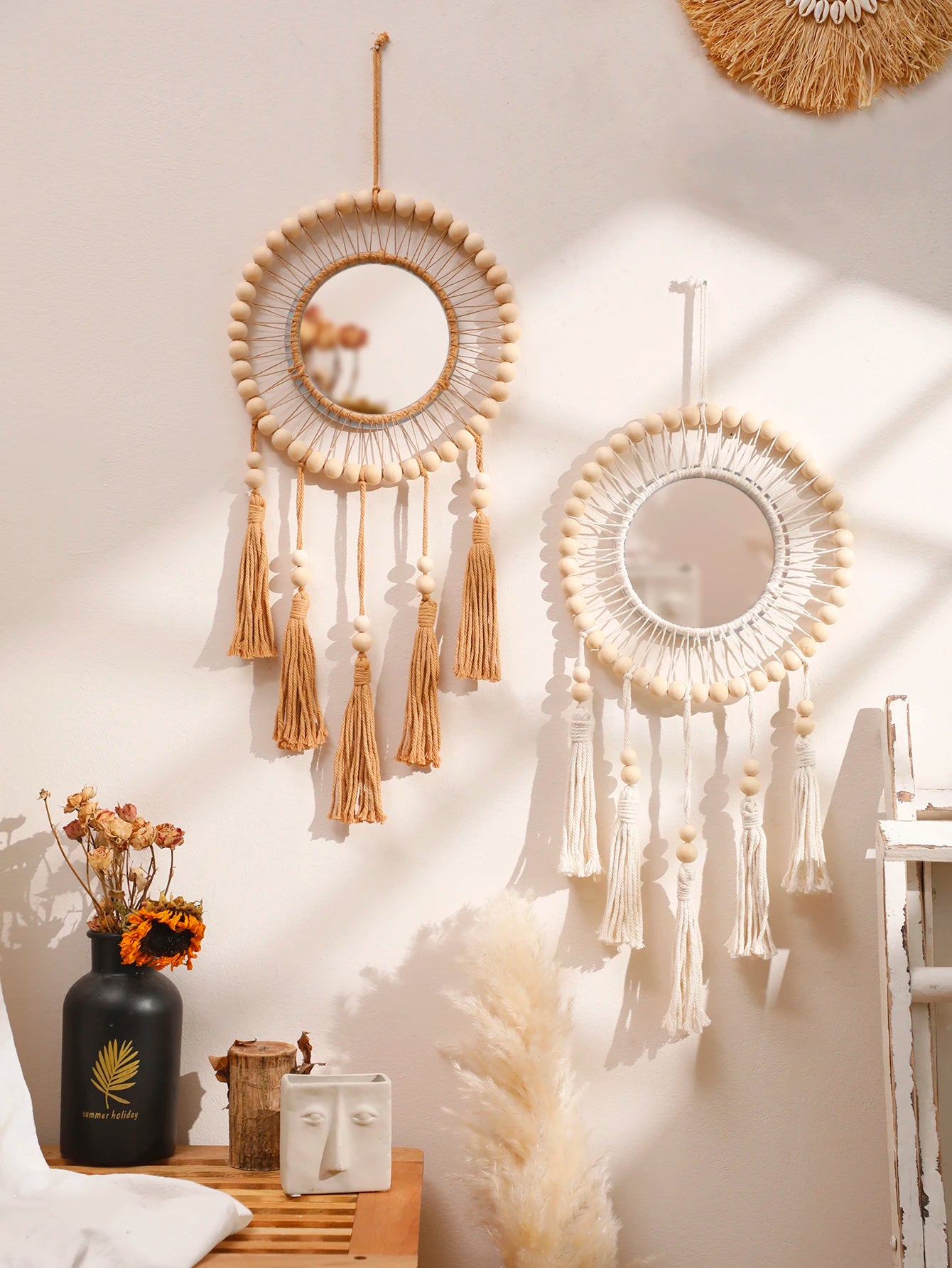 Radhita Macrame Wooden Beads Decorative Mirrors