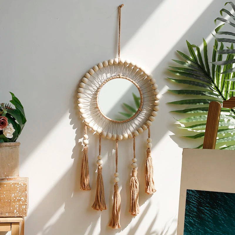 Radhita Macrame Wooden Beads Decorative Mirrors