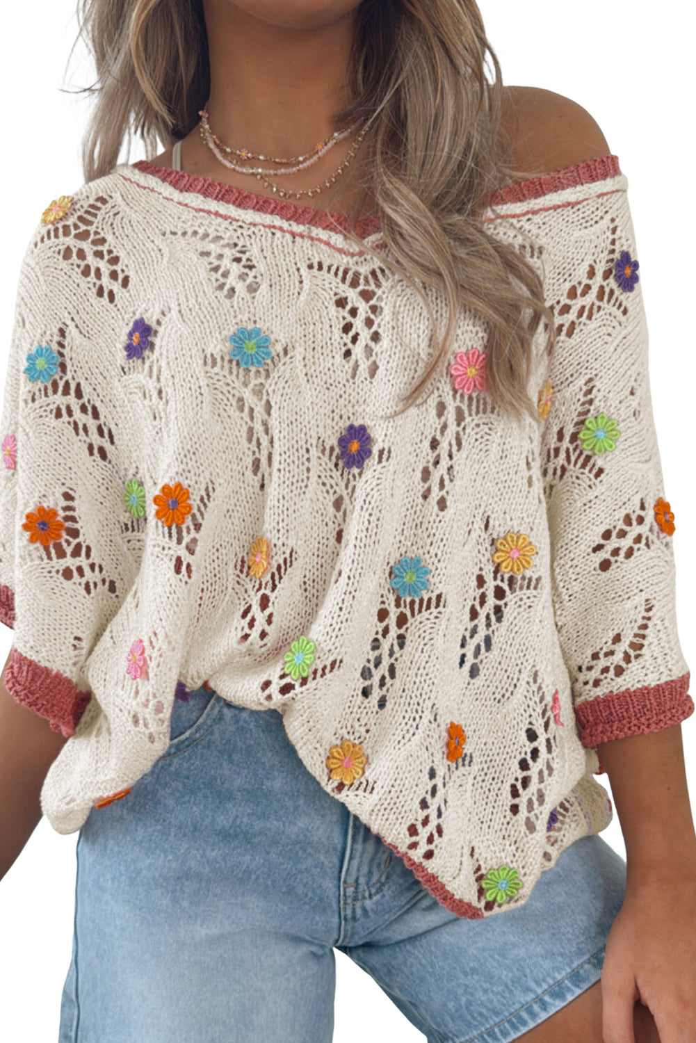 Delicacy Flowers Colorblock Edge Hollow Crochet Knit Top