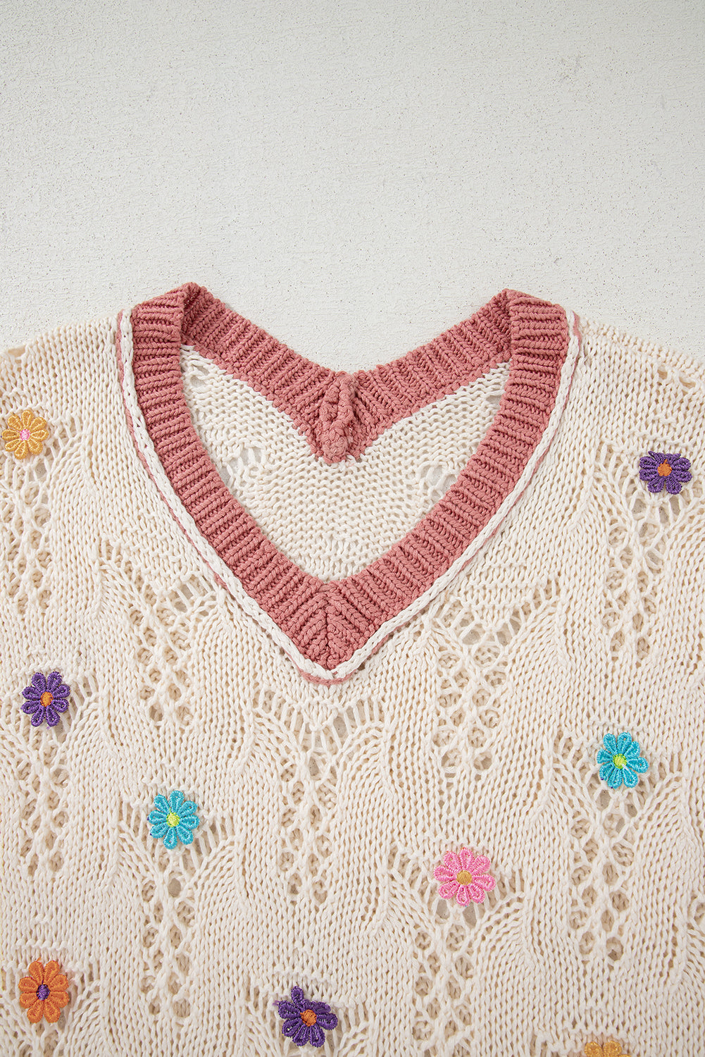 Delicacy Flowers Colorblock Edge Hollow Crochet Knit Top
