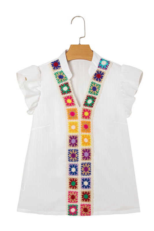White Crochet Floral Notch V Neck Textured Blouse