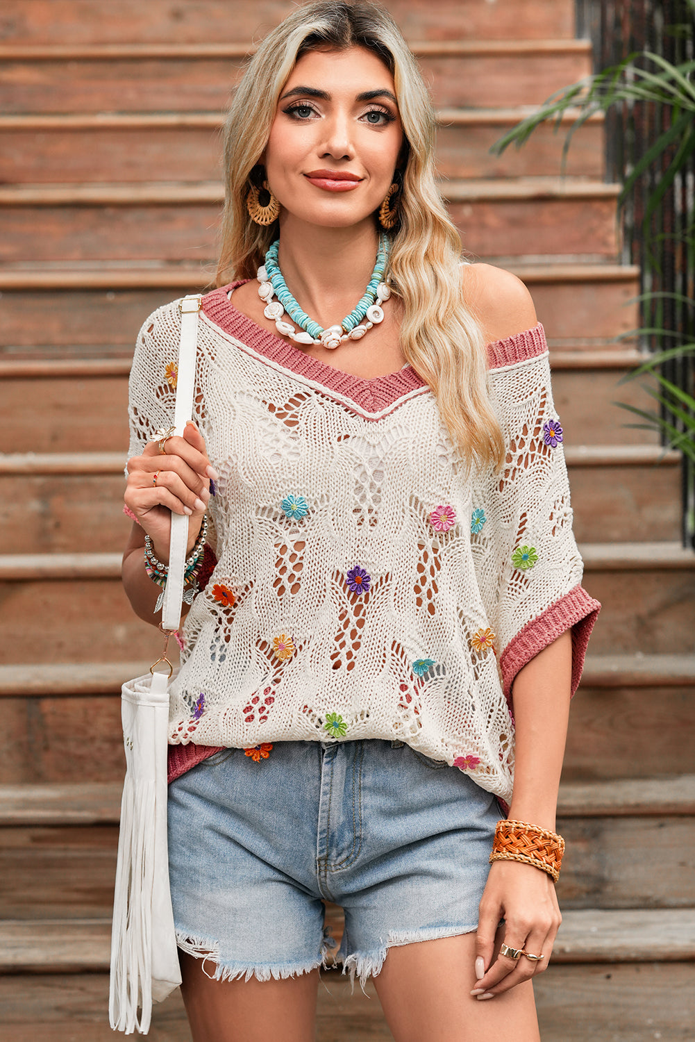 Delicacy Flowers Colorblock Edge Hollow Crochet Knit Top