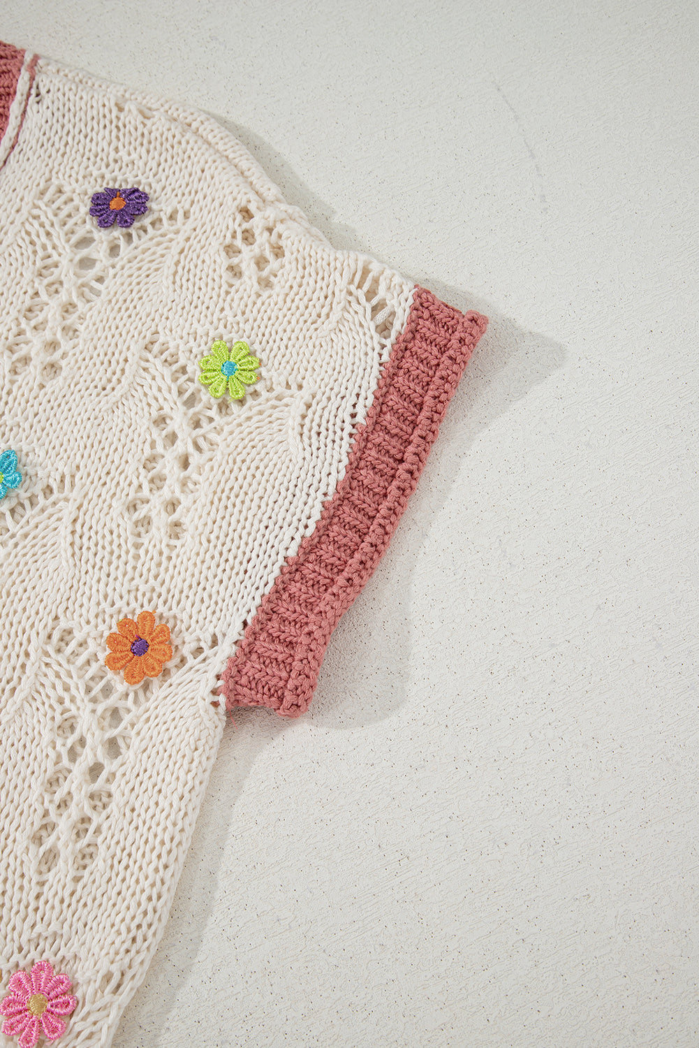 Delicacy Flowers Colorblock Edge Hollow Crochet Knit Top