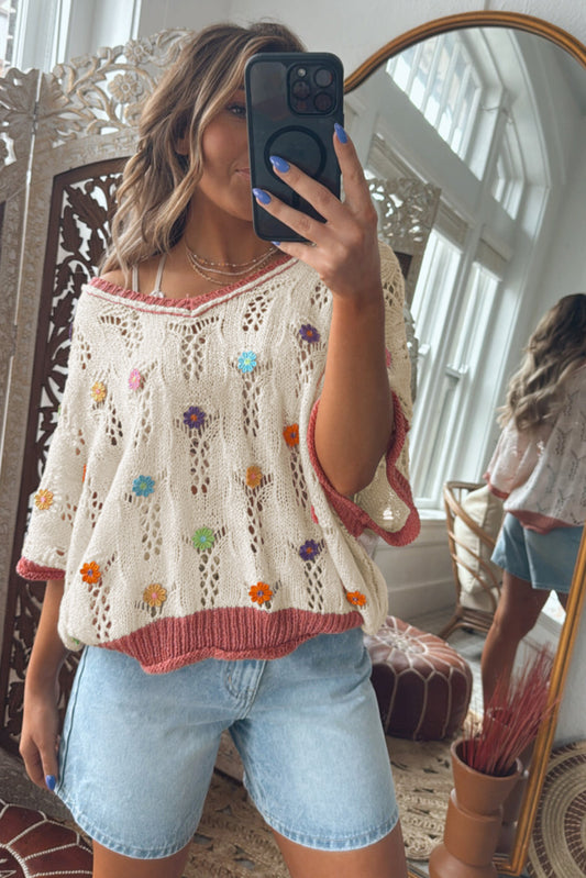 Delicacy Flowers Colorblock Edge Hollow Crochet Knit Top